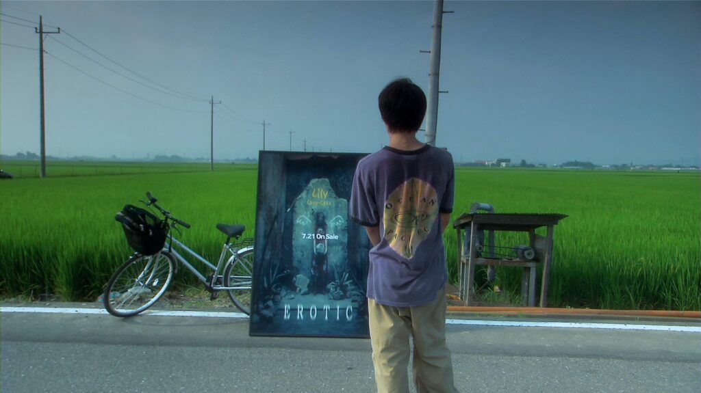 A boy stands beside a Lily Chou-Chou poster in rural Japan in All About Lily Chou-Chou (2001).