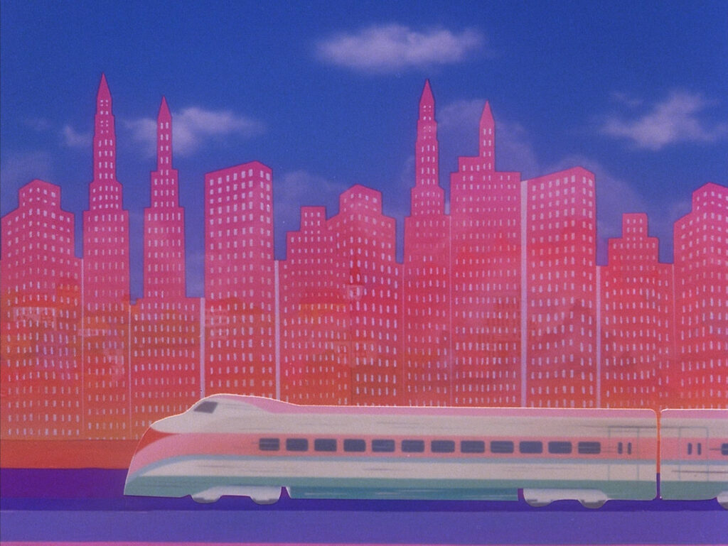 An animated train passes through a colorful cityscape in House (1977).
