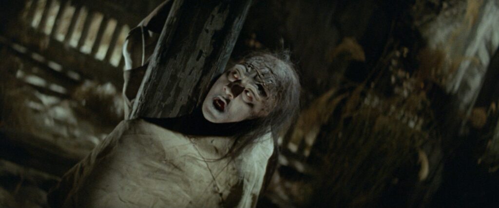 A ghostly woman wrapped in white cloth appears in Kwaidan (1964).