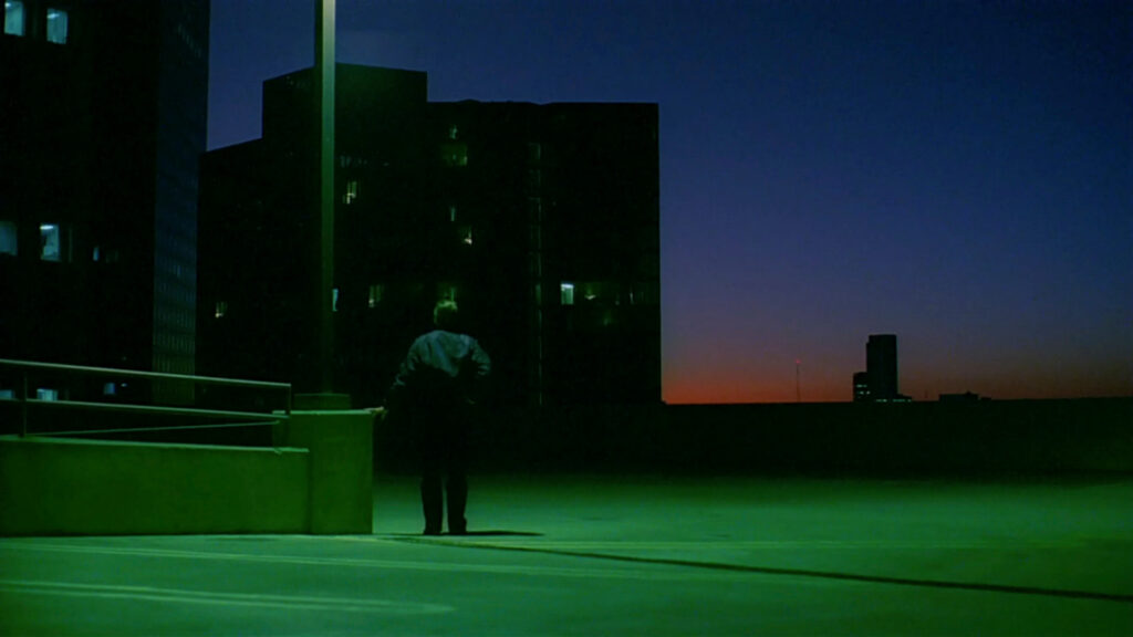 A solitary silhouette overlooks the fading skyline in Paris, Texas (1984), evoking memory and redemption.