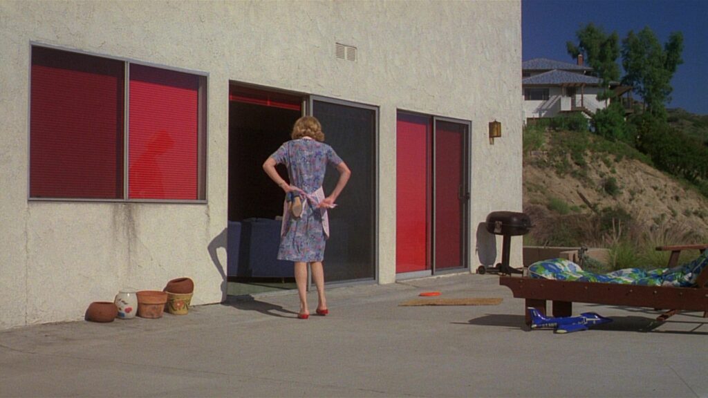 Jane stands outside her home in Paris, Texas (1984), framed by striking red windows and bright daylight.