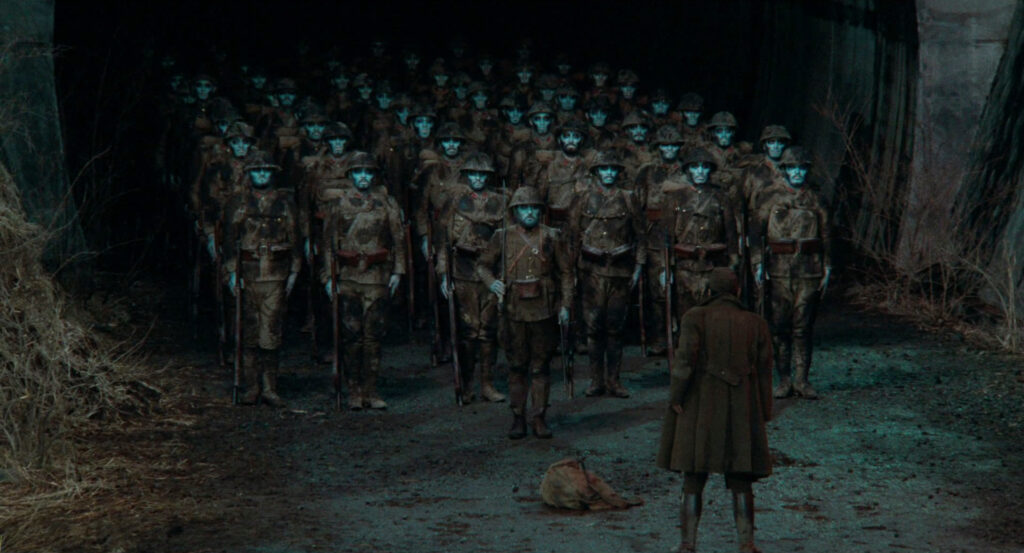 A ghostly army of soldiers confronts a lone man in Dreams (1990).