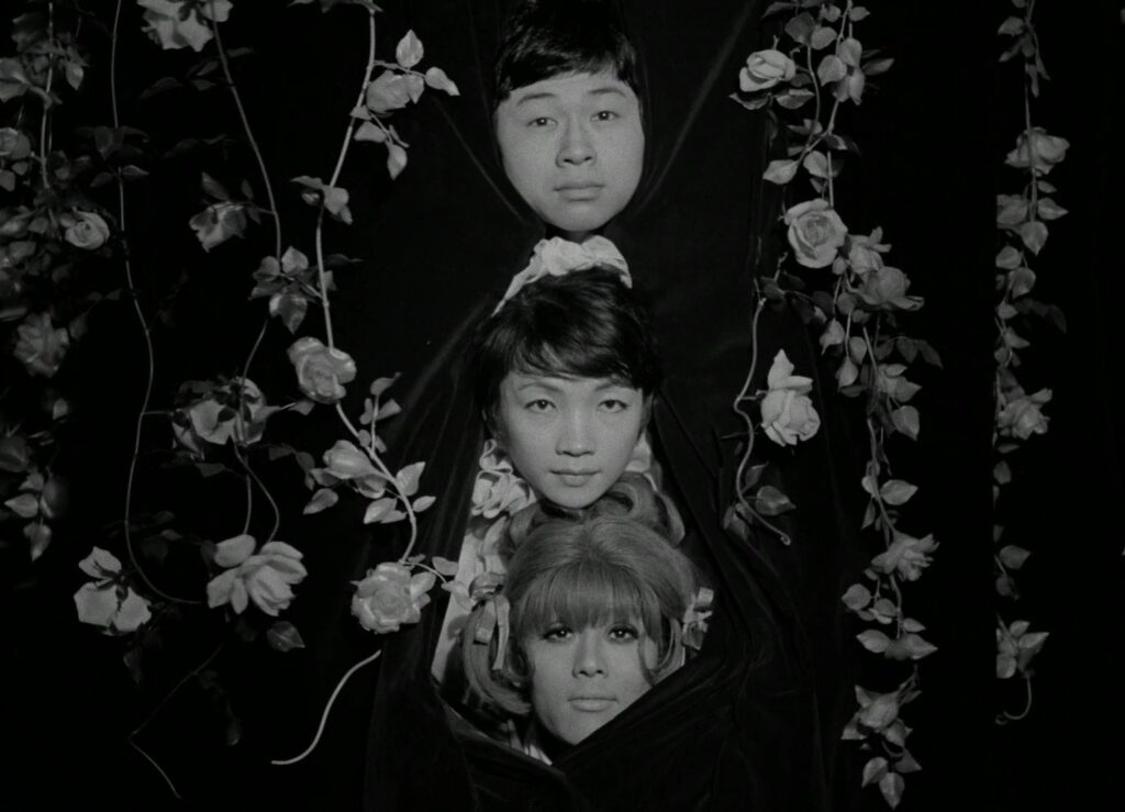 Three faces emerge from black fabric surrounded by hanging roses in Funeral Parade of Roses (1969).