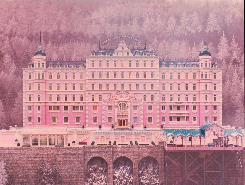 The Grand Budapest Hotel (2014) pink hotel exterior wide shot